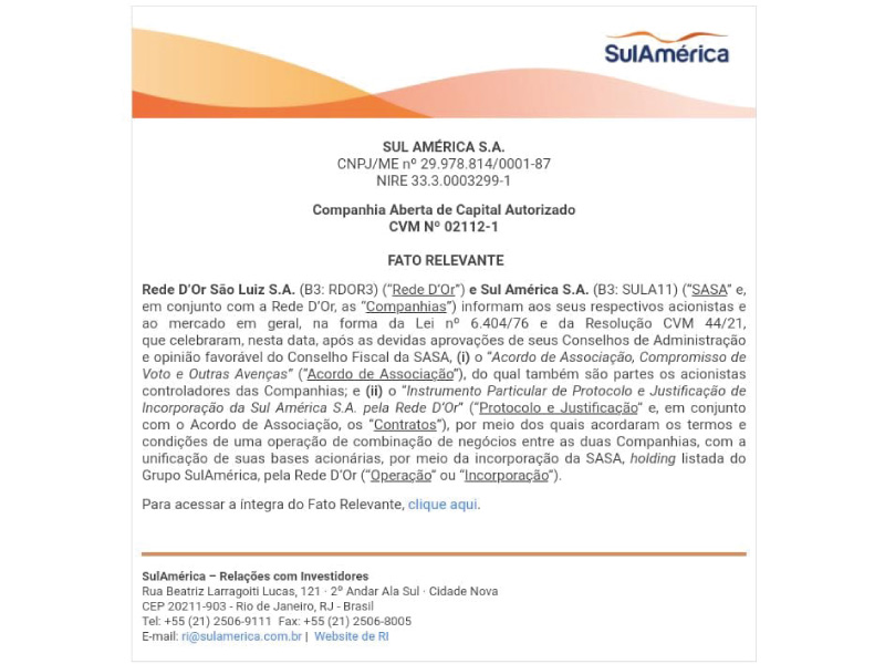 SulAmérica e Rede D´Or anunciam acordo de associação entre as empresas